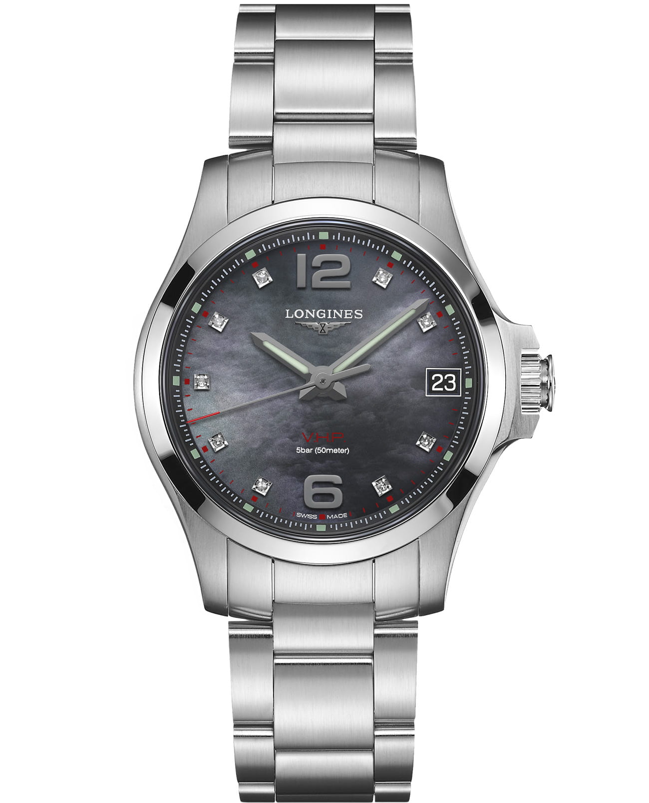 Longines Longines Conquest V.H.P. L3.316.4.88.6  L33164886 кварцевые женские часы черный циферблат, браслет нержавеющая сталь — вид спереди