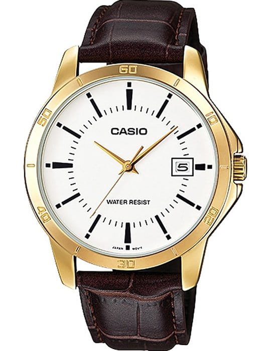 Casio Casio Collection MTP-V004GL-7AUDF (MTP-V004GL-7A)  MTP-V004GL-7A кварцевые мужские часы белый циферблат, браслет кожаный — вид спереди