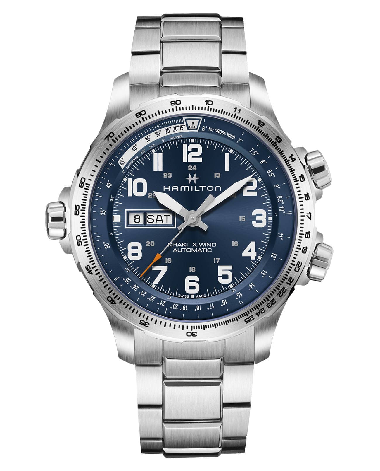 Hamilton Hamilton Khaki Aviation X Wind Day Date Auto H77765141  H77765141 механические мужские часы синий циферблат, браслет нержавеющая сталь — вид спереди