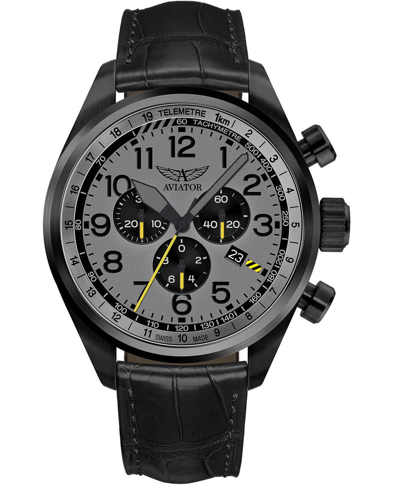 Aviator Aviator Airacobra P45 Chrono V.2.25.5.174.4  V.2.25.5.174.4 кварцевые мужские часы серый циферблат, браслет кожаный — вид спереди