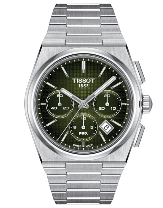 Tissot Tissot PRX Automatic Chronograph T137.427.11.091.00  T1374271109100 механические мужские часы зеленый циферблат, браслет нержавеющая сталь — вид спереди