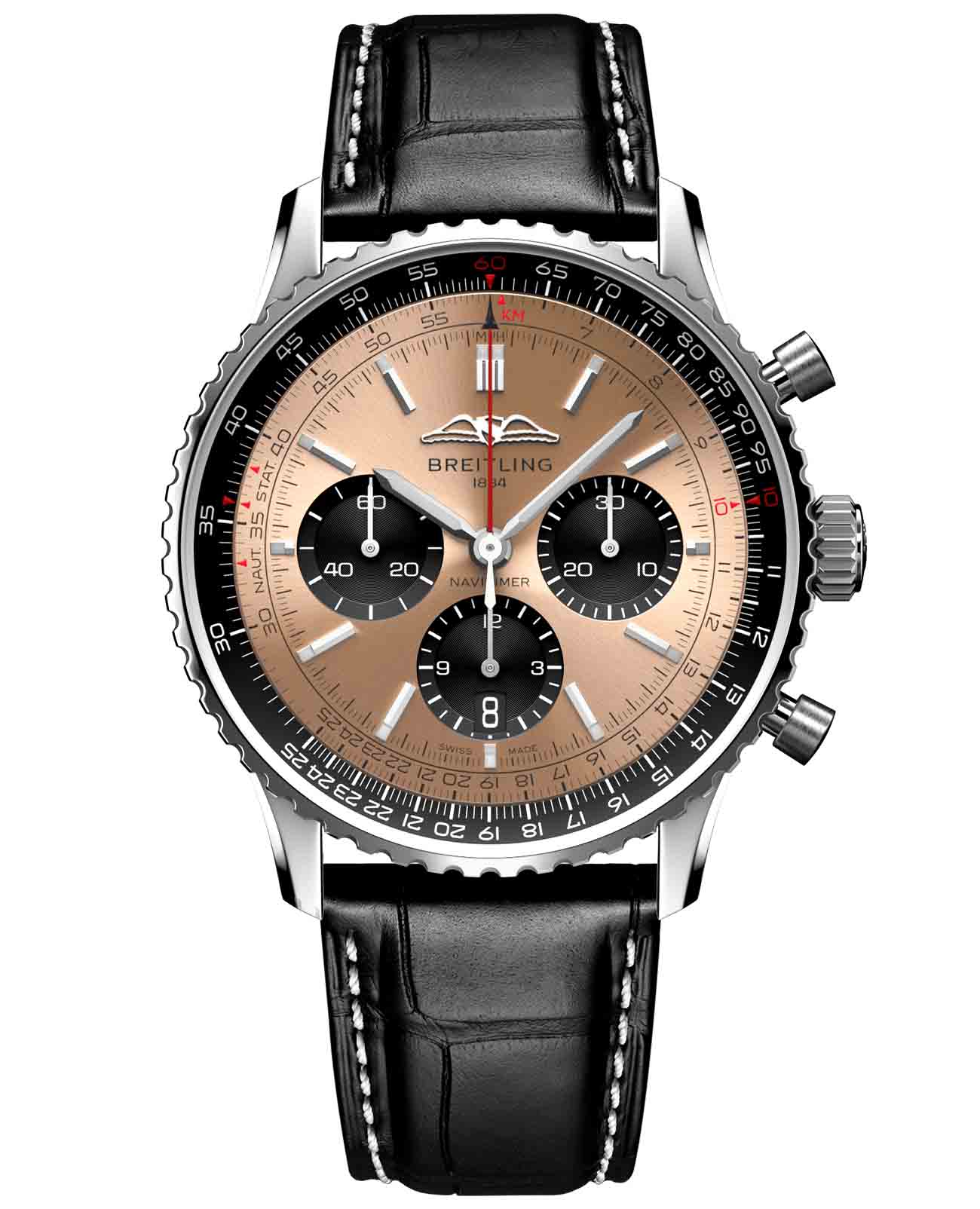 Breitling Breitling Navitimer B01 Chronograph 43 AB0138241K1P1  AB0138241K1P1 механические мужские часы золотой циферблат, браслет кожаный — вид спереди