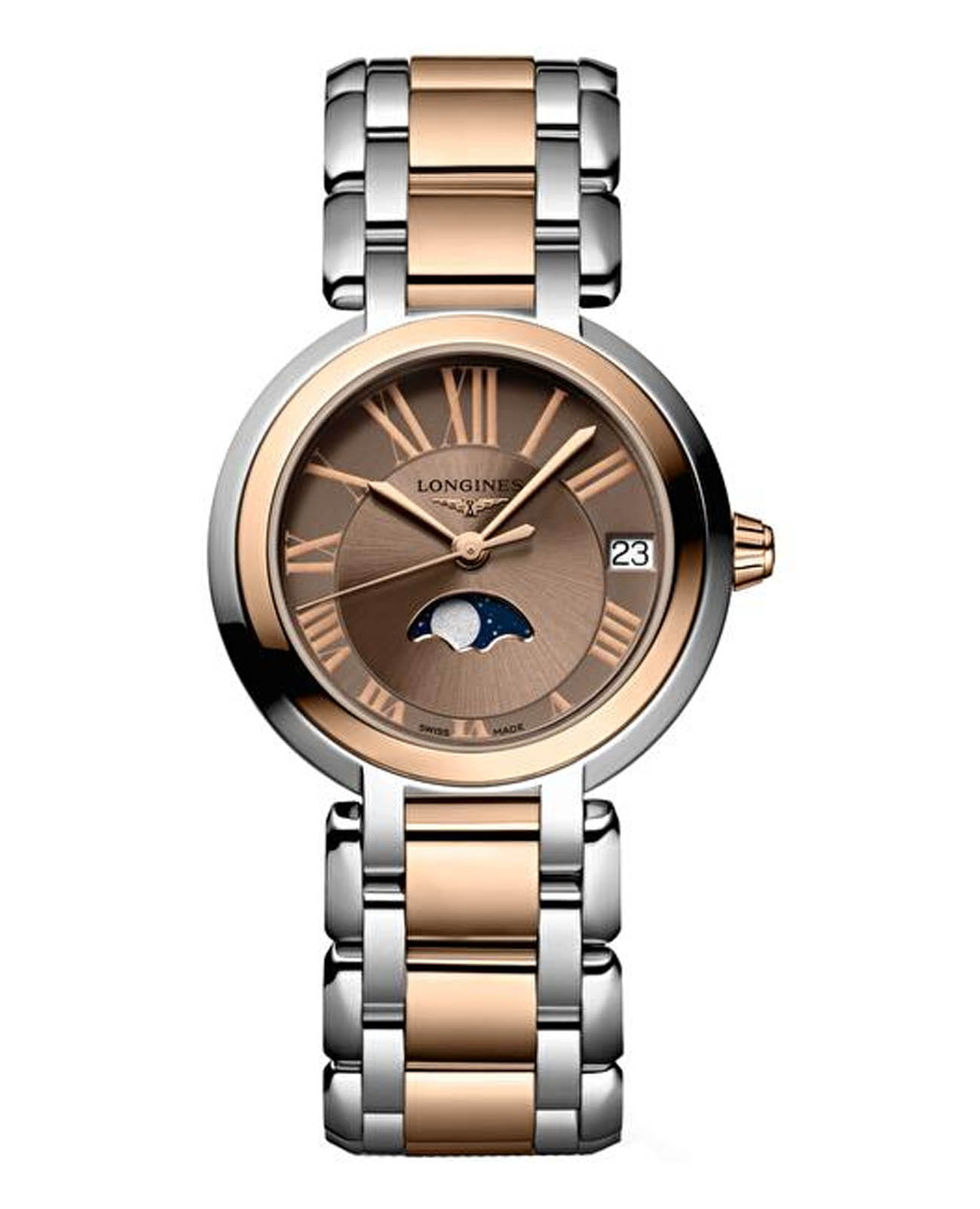 Longines Longines PrimaLuna L8.115.5.61.7  L81155617 кварцевые женские часы коричневый циферблат, браслет нержавеющая сталь и 18 каратное розовое золото — вид спереди
