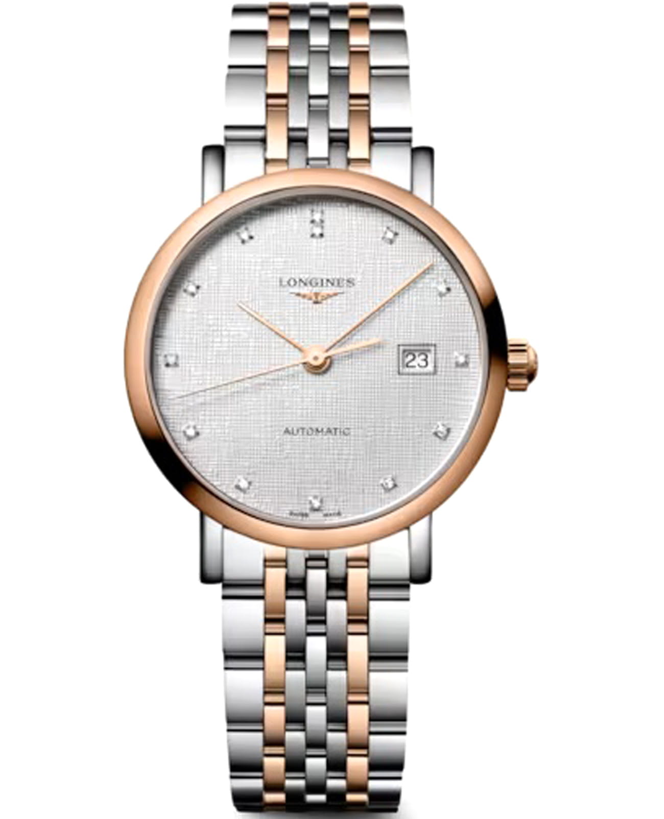 Longines Longines Elegance Elegant Collection 29 мм L4.310.5.79.7  L43105797 механические женские часы серебристый циферблат, браслет нержавеющая сталь и 18 каратное розовое золото — вид спереди
