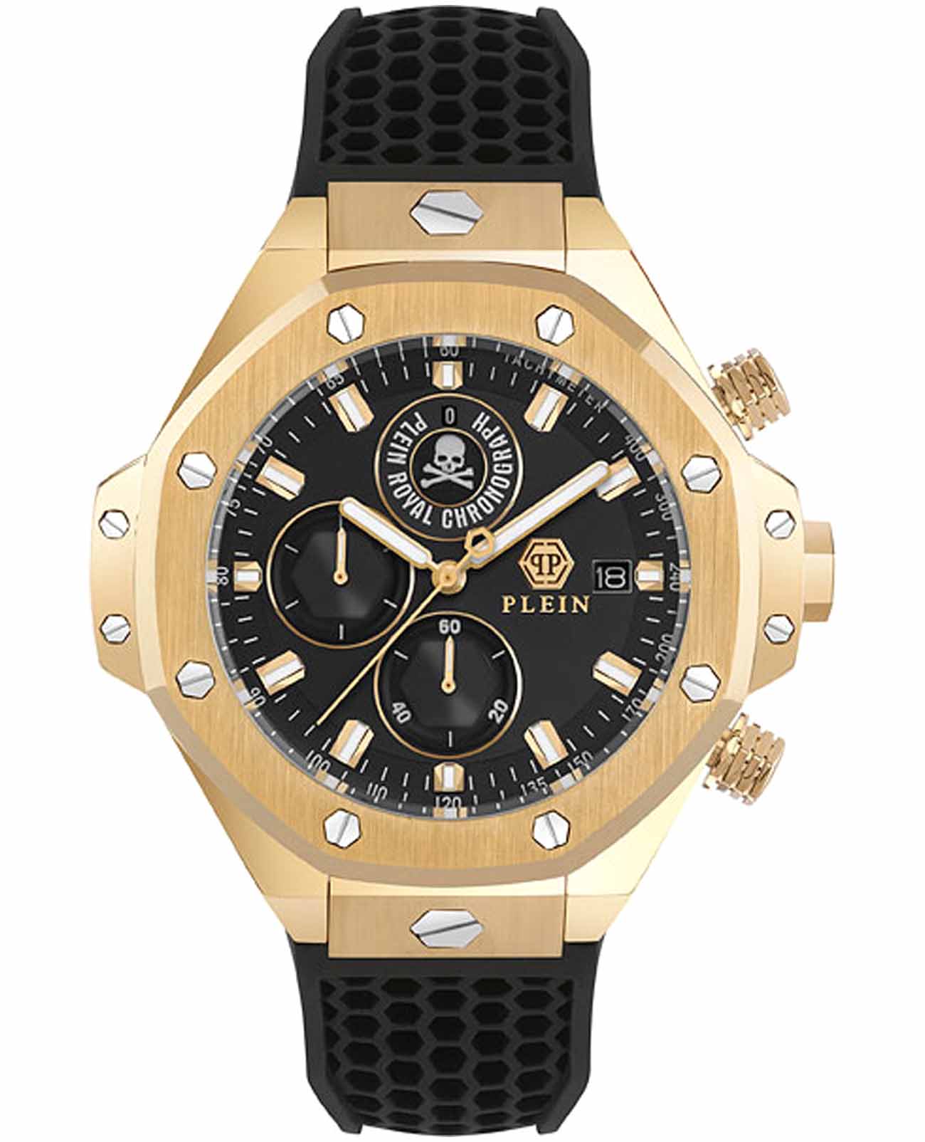 Philipp Plein Philipp Plein Plein Chrono Royal PWLFA0325  PWLFA0325 кварцевые мужские часы черный циферблат, браслет силикон — вид спереди