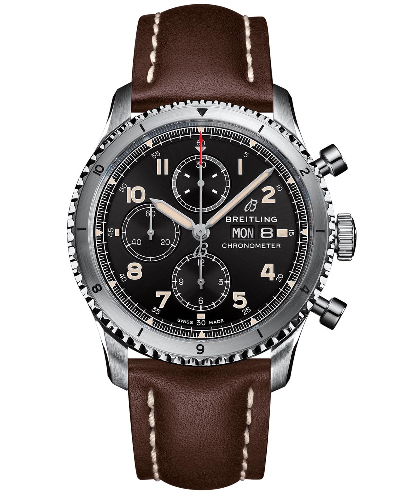 Breitling Breitling Aviator 8 Chronograph 43 A13316101B1X4  A13316101B1X4 механические мужские часы черный циферблат, браслет кожаный — вид спереди