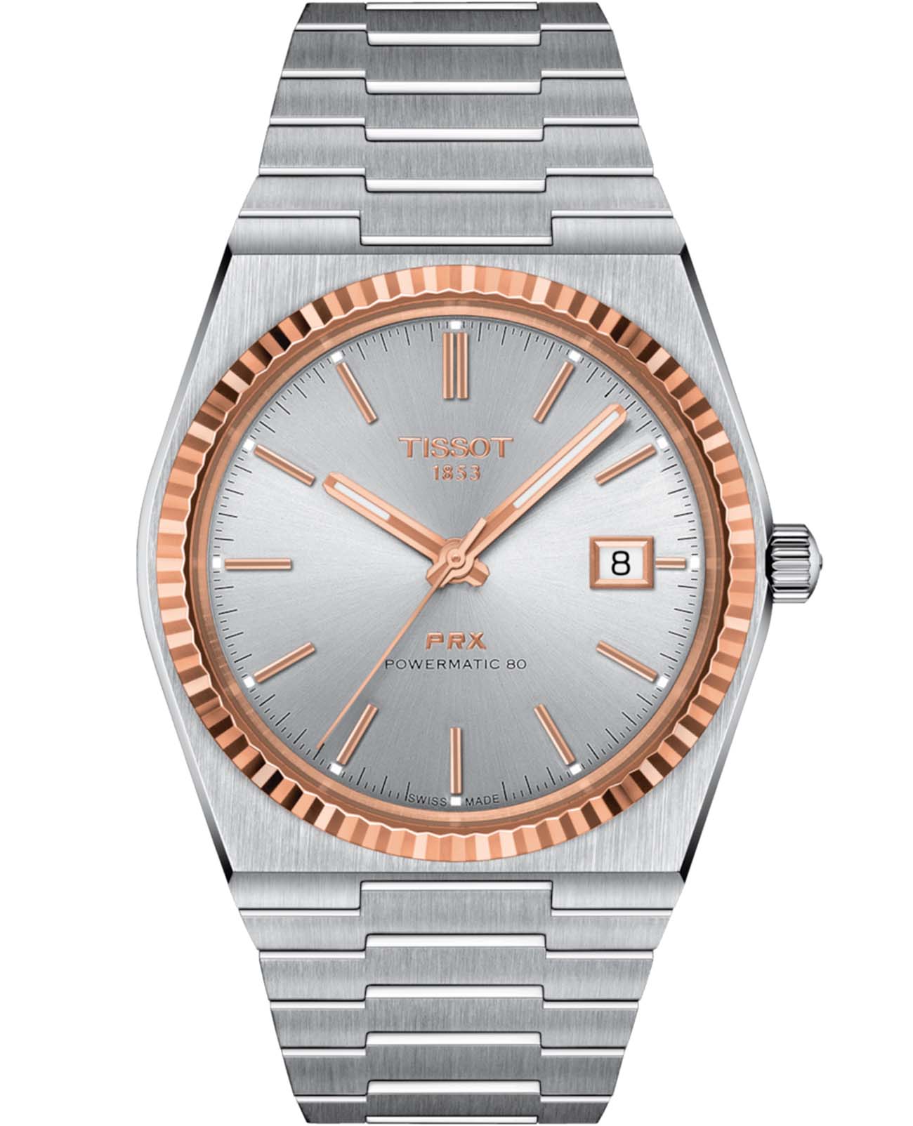 Tissot Tissot PRX Powermatic 80 Steel & 18k Gold T931.407.41.031.00  T9314074103100 механические мужские часы серебристый циферблат, браслет нержавеющая сталь — вид спереди