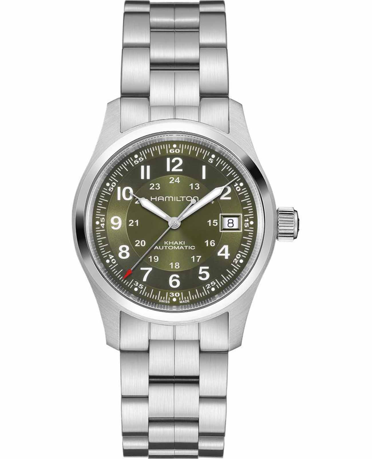 Hamilton Hamilton Khaki Field Auto H70455160  H70455160 механические мужские часы зеленый циферблат, браслет нержавеющая сталь — вид спереди