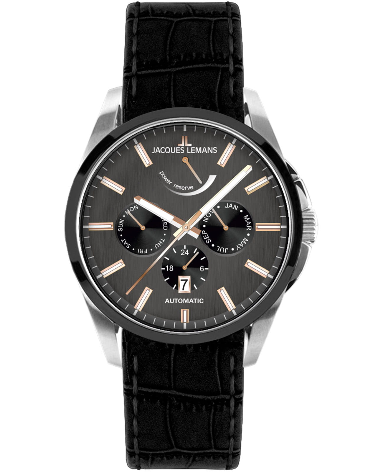 Jacques Lemans Jacques Lemans Derby 1-2204O  1-2204O механические мужские часы серый циферблат, браслет кожаный — вид спереди