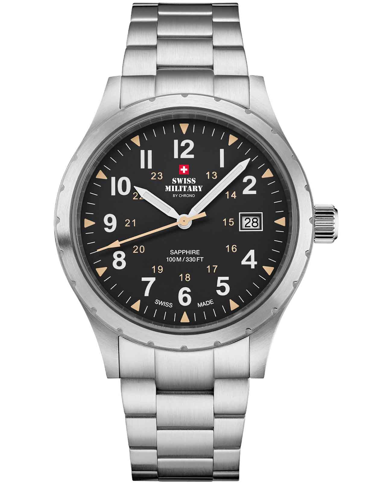 Swiss Military by Chrono Swiss Military by Chrono Classic Army SM34108.01  SM34108.01 кварцевые мужские часы черный циферблат, браслет нержавеющая сталь — вид спереди