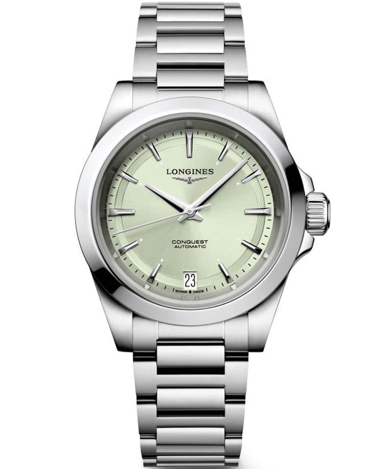 Longines Longines Conquest L3.430.4.02.6  L34304026 механические женские часы зеленый циферблат, браслет нержавеющая сталь — вид спереди