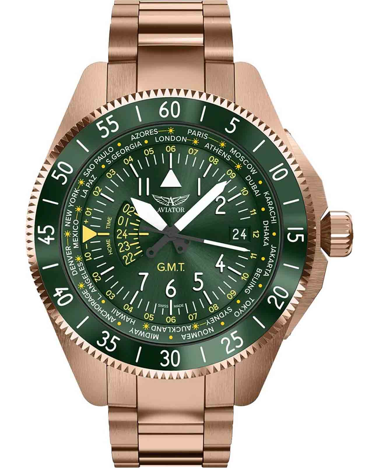 Aviator Aviator Airacobra V.1.37.2.309.5  V.1.37.2.309.5 кварцевые мужские часы зеленый циферблат, браслет нержавеющая сталь с pvd-покрытием — вид спереди