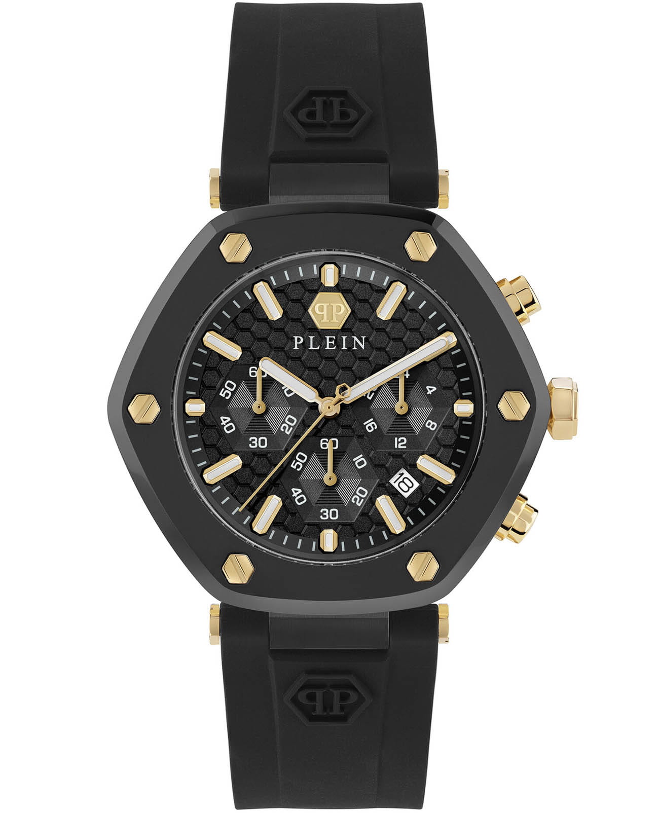 Philipp Plein Philipp Plein The Hexagon Chrono PWZBA0223  PWZBA0223 кварцевые мужские часы черный циферблат, браслет силикон — вид спереди