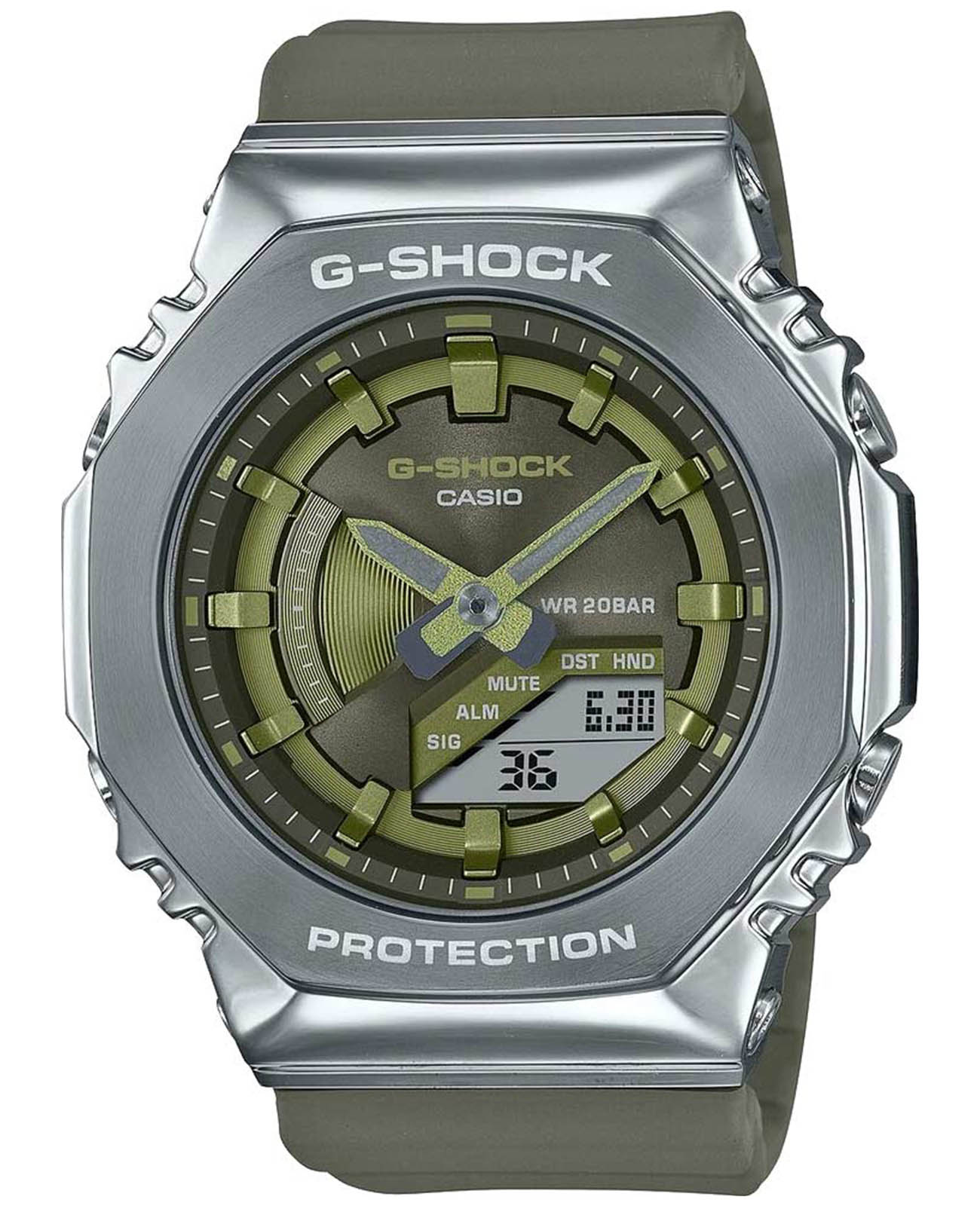 Casio Casio G-Shock GM-S2100-3AER GM GM-S2100-3AER электронные женские часы зеленый циферблат, браслет пластик — вид спереди