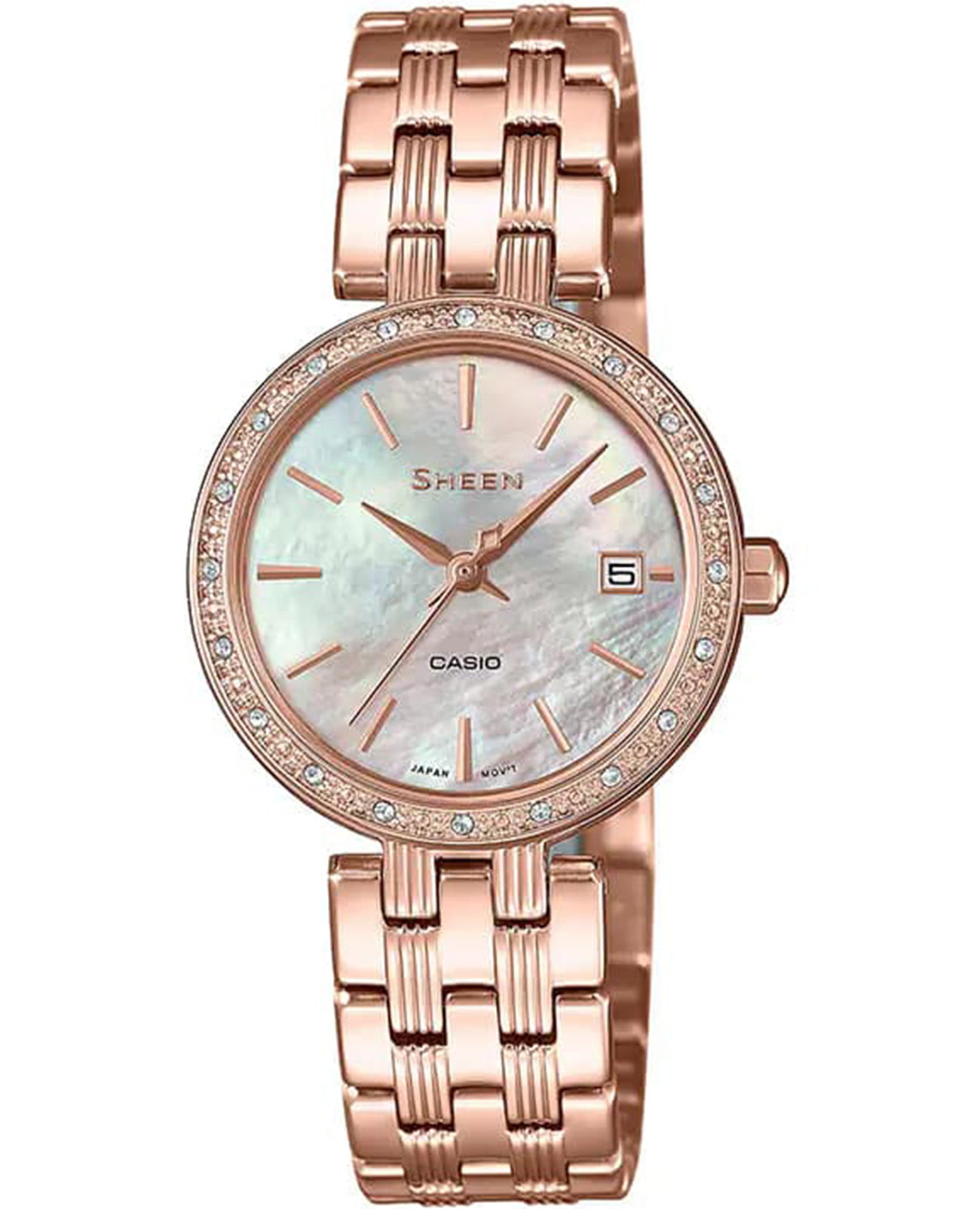 Casio Casio Sheen SHE-4060PG-4AUDF  SHE-4060PG-4AUDF кварцевые женские часы перламутровый циферблат, браслет нержавеющая сталь с ip-покрытием — вид спереди