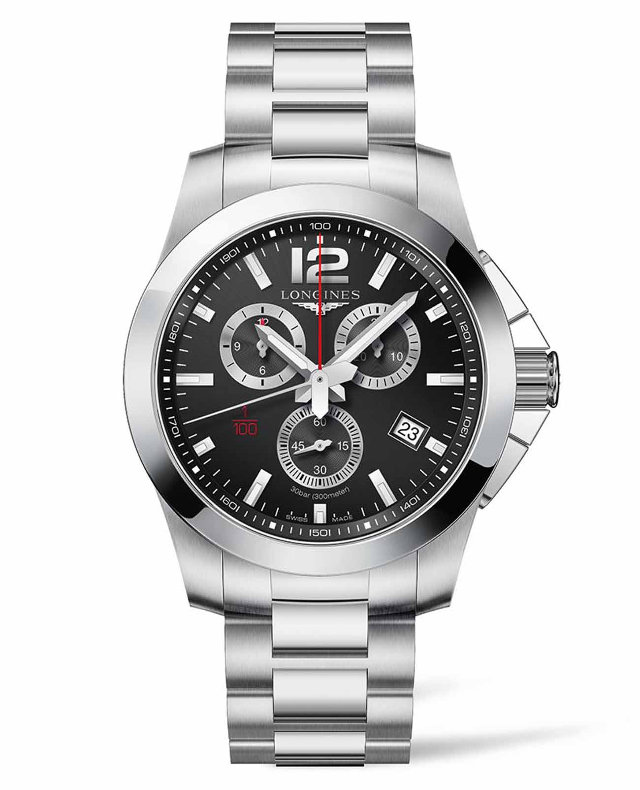 Longines Longines HydroConquest L3.800.4.56.6  L38004566 кварцевые мужские часы черный циферблат, браслет нержавеющая сталь — вид спереди