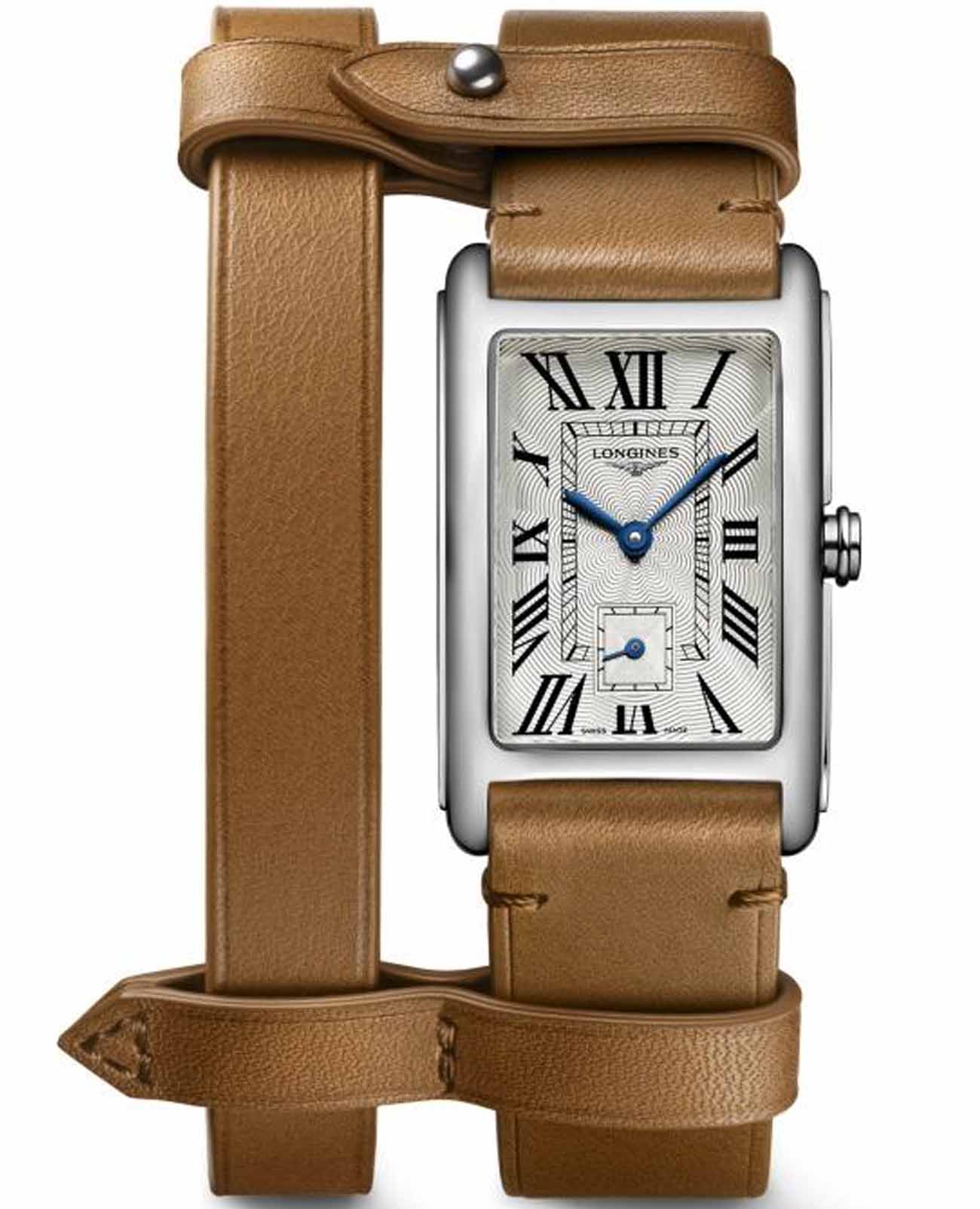 Longines Longines DolceVita L5.512.4.71.B  L5512471B кварцевые женские часы серебристый циферблат, браслет кожаный — вид спереди