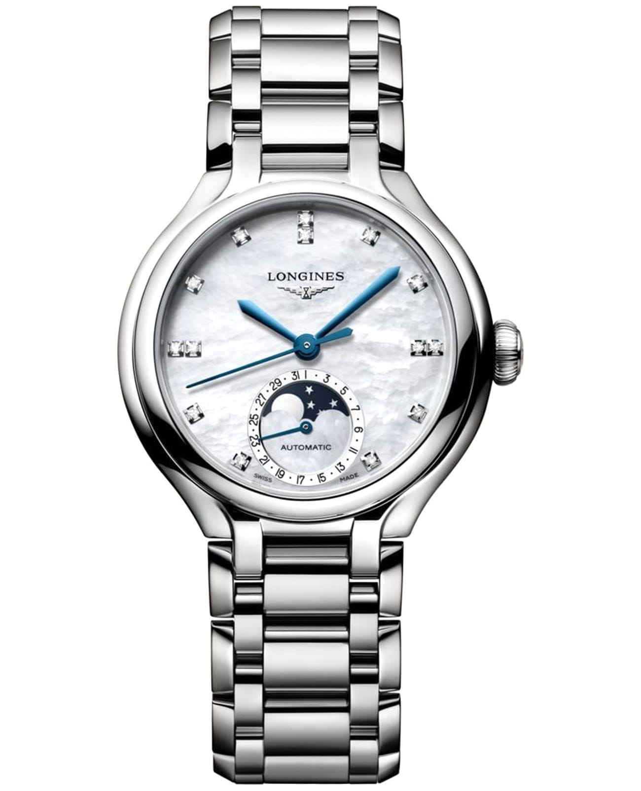 Longines Longines Elegance PrimaLuna L8.126.4.87.6  L81264876 механические женские часы перламутровый циферблат, браслет нержавеющая сталь — вид спереди