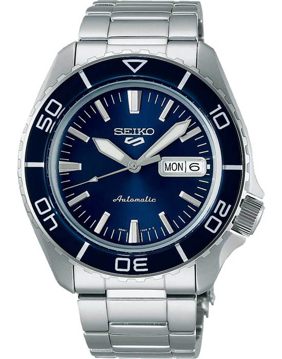 Seiko Seiko 5 Sports SRPK97  SRPK97 механические мужские часы синий циферблат, браслет нержавеющая сталь — вид спереди