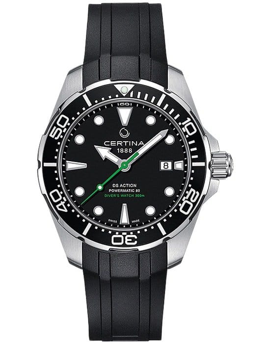 Certina Certina DS Action Diver Powermatic 80 C032.407.17.051.00 DS Action C0324071705100 механические мужские часы черный циферблат, браслет каучук — вид спереди