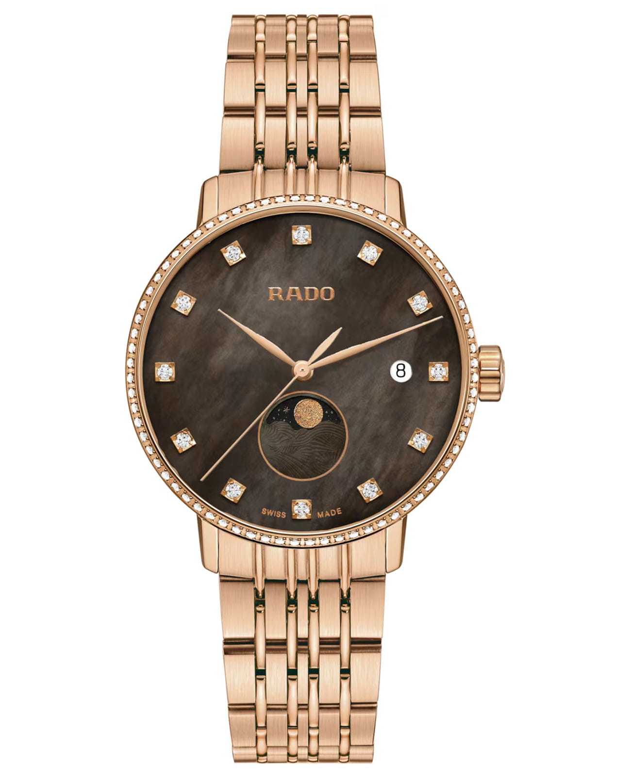 Rado Rado Coupole Diamonds Moonphase R22884903  R22884903 кварцевые женские часы коричневый циферблат, браслет нержавеющая сталь с pvd-покрытием — вид спереди