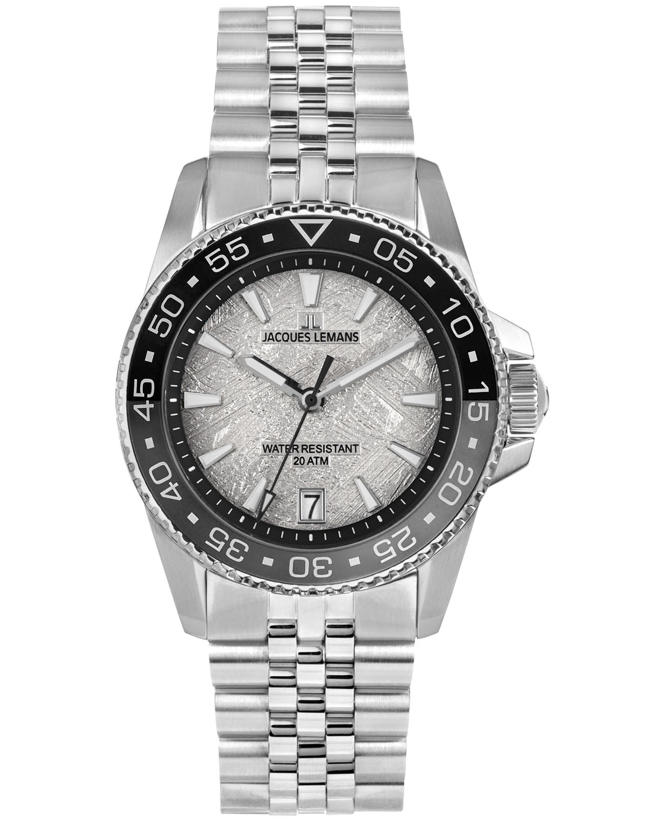 Jacques Lemans Jacques Lemans Liverpool Diver 1-2205L  1-2205L кварцевые мужские часы серебристый циферблат, браслет нержавеющая сталь — вид спереди