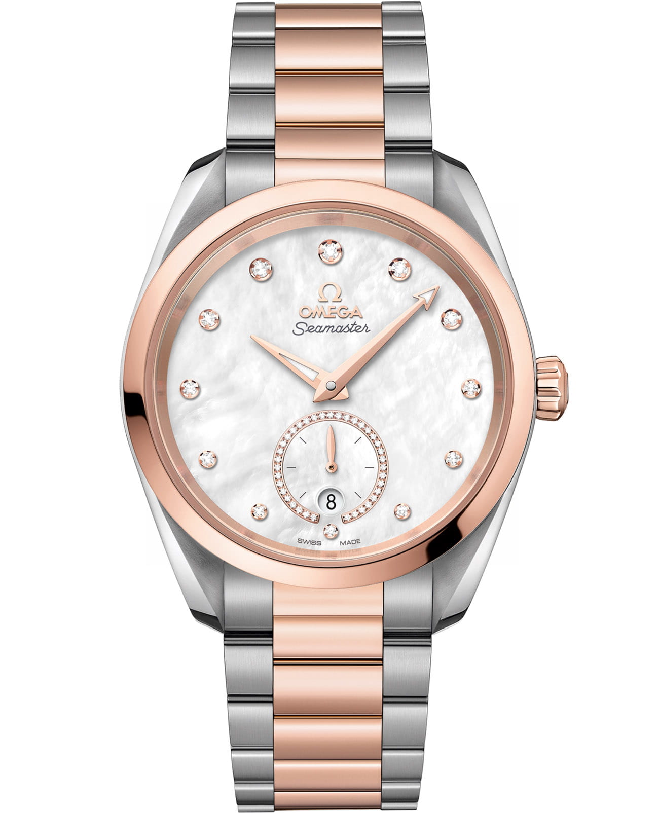 Omega Omega Seamaster Aqua Terra 220.20.38.20.55.002 Aqua Terra 22020382055002 механические женские часы белый циферблат, браслет нержавеющая сталь + золото 18к — вид спереди