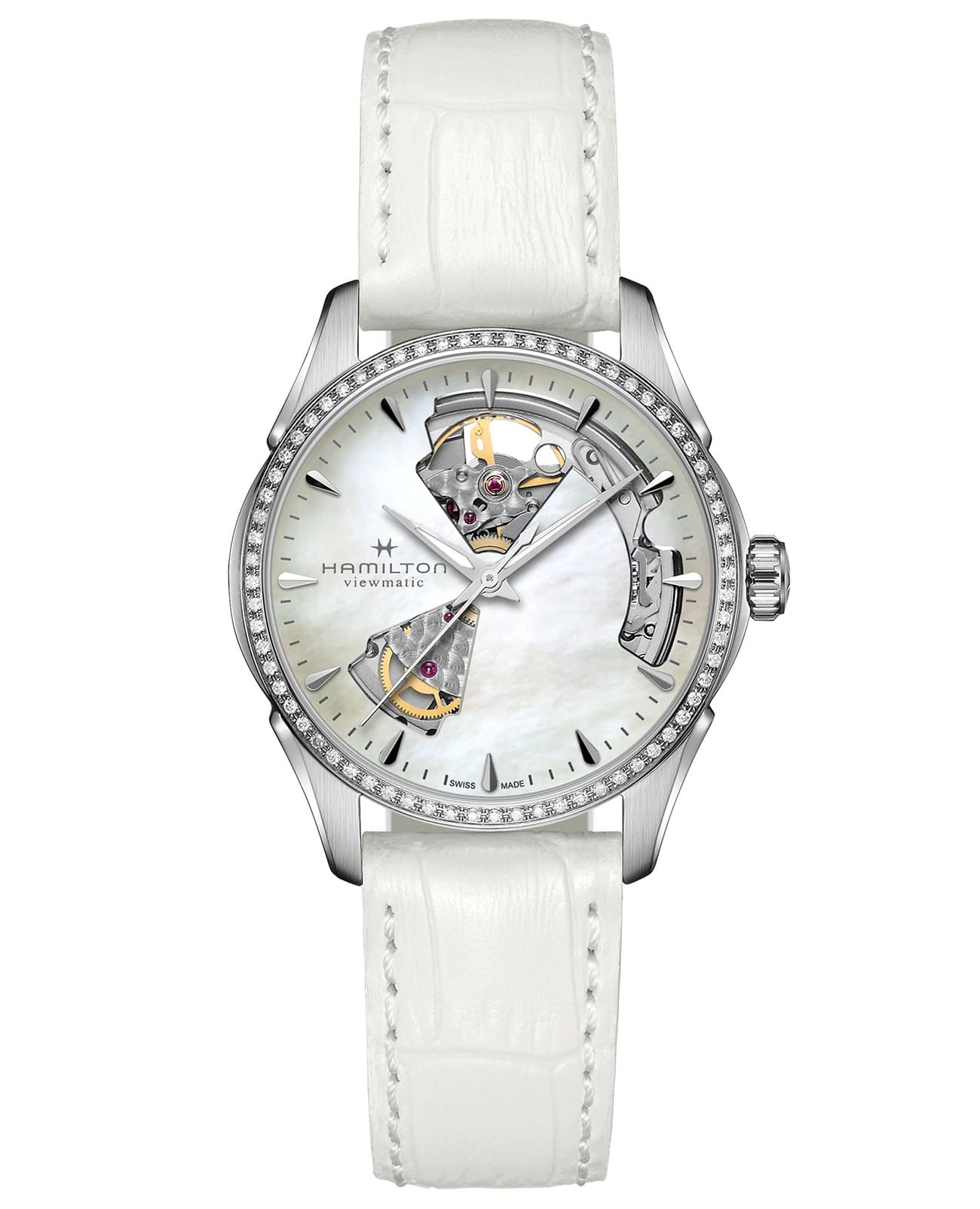 Hamilton Hamilton Jazzmaster Open Heart Lady Auto H32205890  H32205890 механические женские часы перламутровый циферблат, браслет кожаный — вид спереди