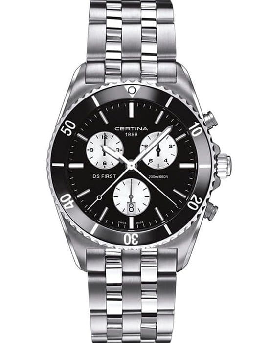 Certina Certina DS First C014.417.11.051.01 DS First C0144171105101 кварцевые мужские часы черный циферблат, браслет нержавеющая сталь — вид спереди