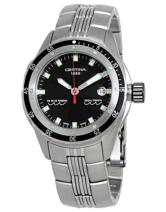 Certina Certina DS Blue Ribbon C007.410.11.051.00  C0074101105100 кварцевые мужские часы черный циферблат, браслет нержавеющая сталь — вид спереди