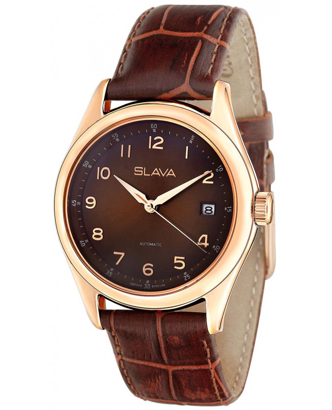 Слава Слава Премьер 1493271/300-8215  1493271/300-8215 механические мужские часы коричневый циферблат, браслет кожаный — вид спереди