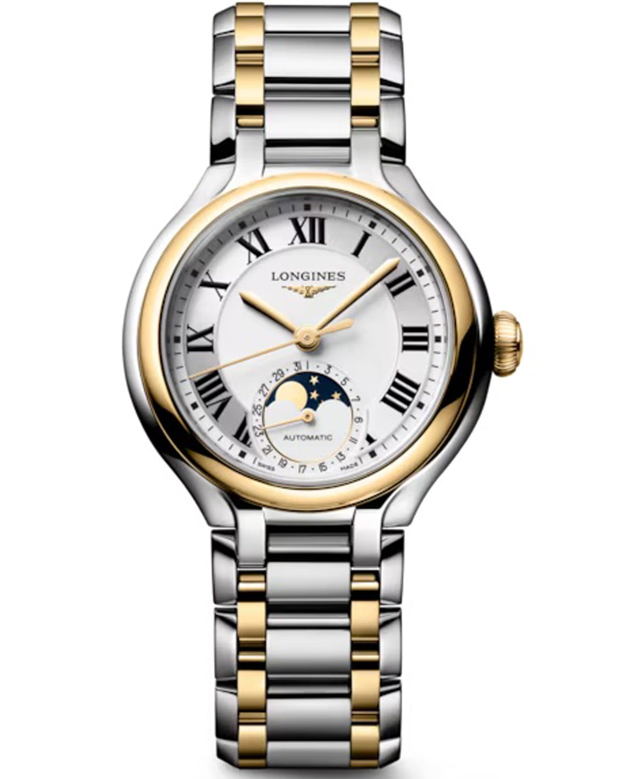 Longines Longines Elegance PrimaLuna Moonphase L8.126.5.79.7  L81265797 механические женские часы белый циферблат, браслет нержавеющая сталь и 18 каратное жёлтое золото — вид спереди