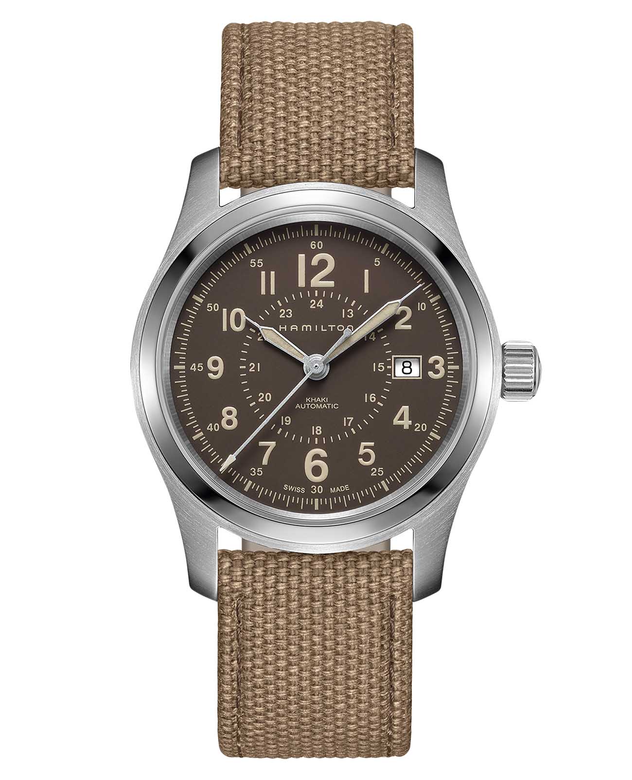 Hamilton Hamilton Khaki Field Auto H70605993  H70605993 механические мужские часы коричневый циферблат, браслет кожа + текстиль — вид спереди