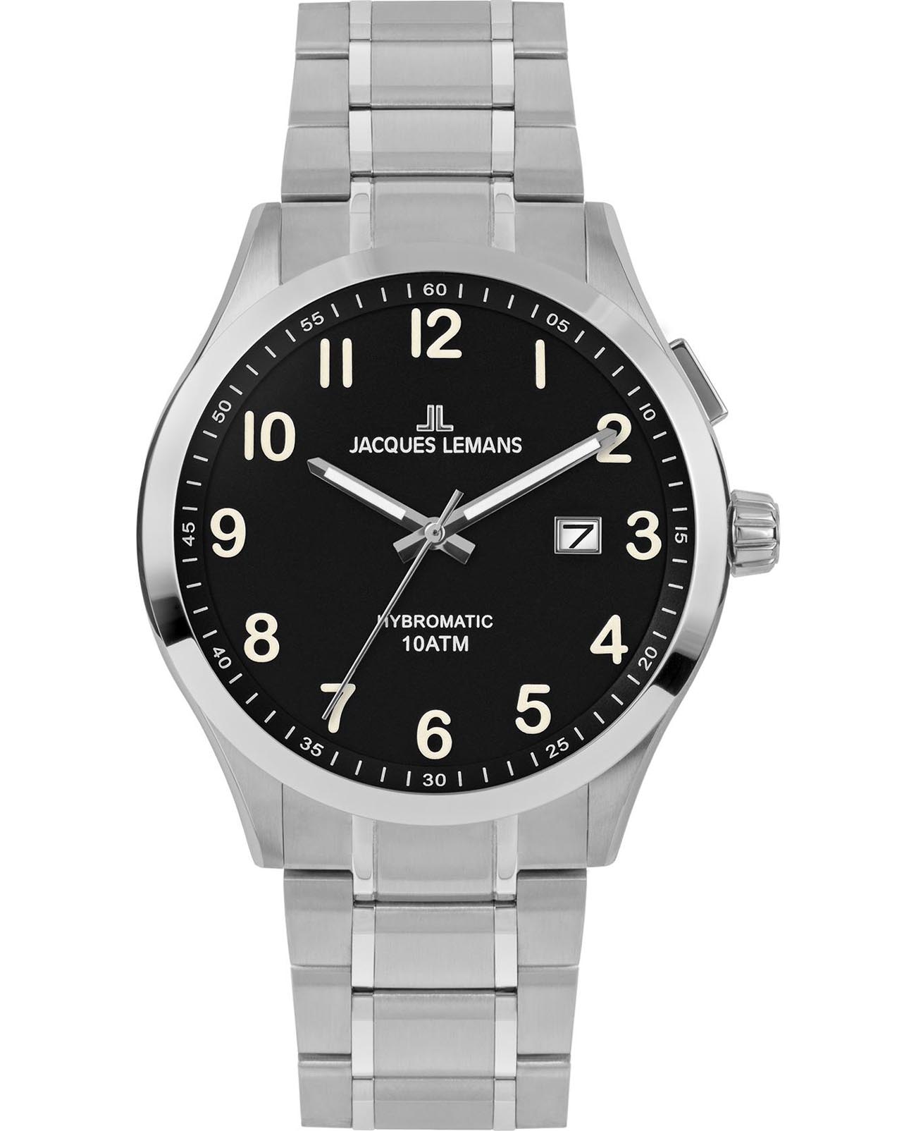 Jacques Lemans Jacques Lemans Hybromatic 1-2130H  1-2130H автокварц (кинетик) мужские часы черный циферблат, браслет нержавеющая сталь — вид спереди
