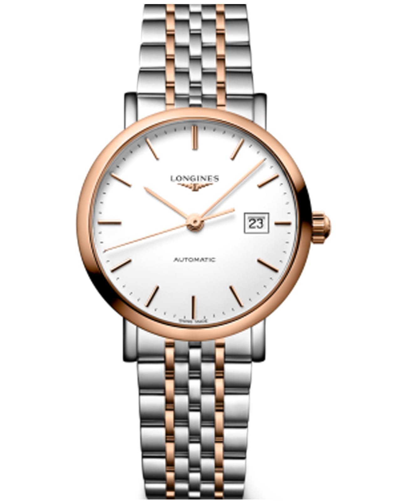 Longines Longines Elegance Elegant Collection 29 мм L4.310.5.19.7  L43105197 механические женские часы белый циферблат, браслет нержавеющая сталь и 18 каратное розовое золото — вид спереди