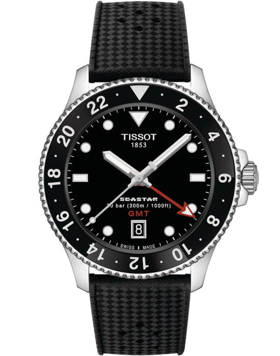 Tissot Tissot Seastar 1000 Quartz Gmt T120.852.17.051.00 Seastar 1000 T1208521705100 кварцевые мужские часы черный циферблат, браслет каучук — вид спереди