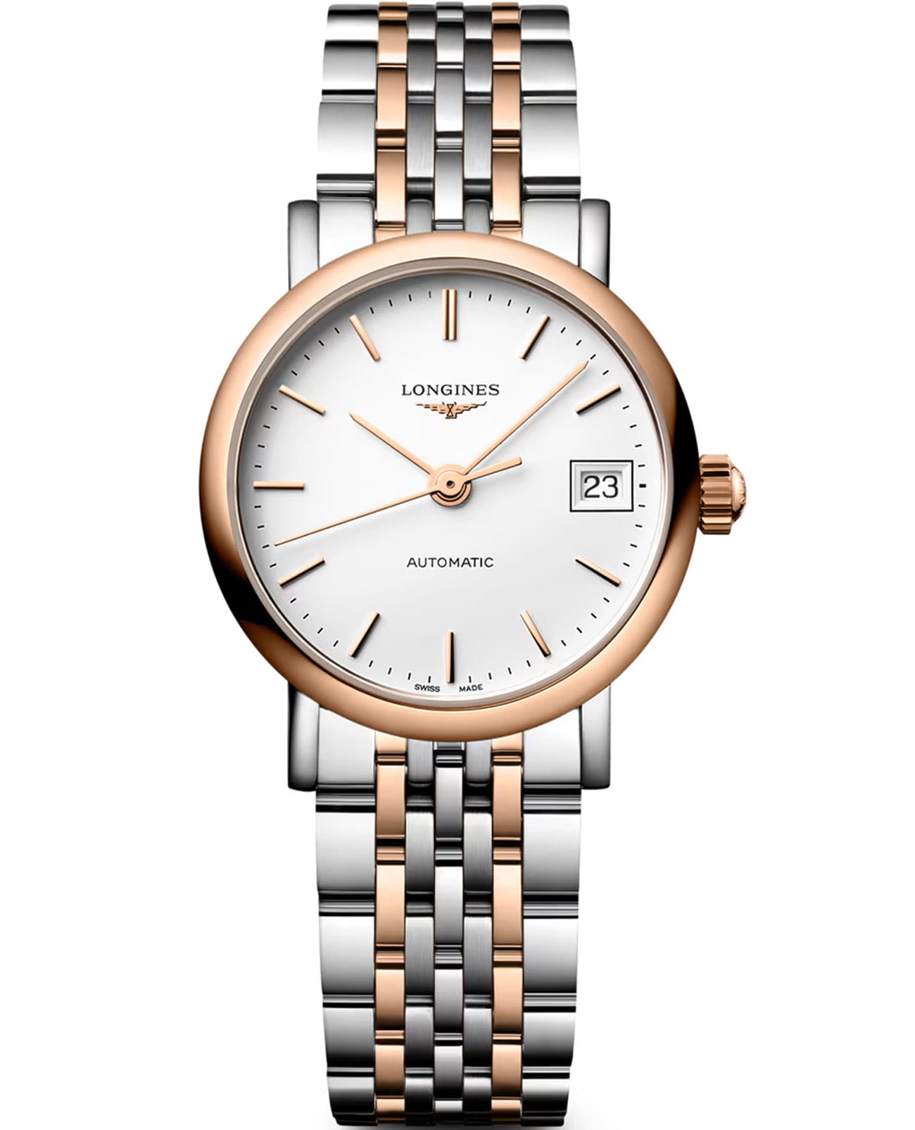 Longines Longines Elegance Elegant Collection 25.50 mm L4.309.5.19.7  L43095197 механические женские часы белый циферблат, браслет нержавеющая сталь и 18 каратное розовое золото — вид спереди