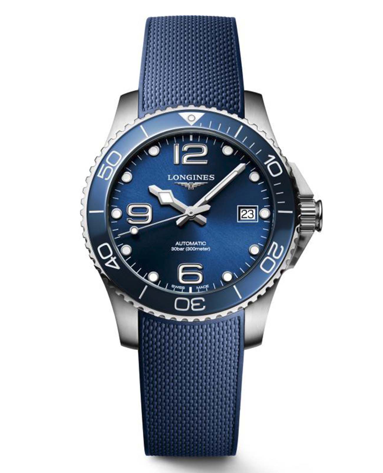 Longines Longines HydroConquest L3.780.4.96.9  L37804969 механические женские часы синий циферблат, браслет каучук — вид спереди