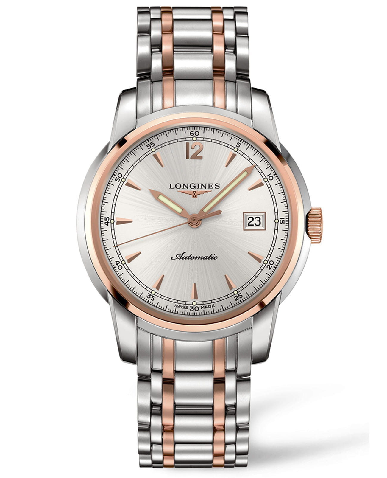 Longines Longines Master Collection L2.766.5.79.7  L27665797 механические мужские часы белый циферблат, браслет нержавеющая сталь и 18 каратное розовое золото — вид спереди