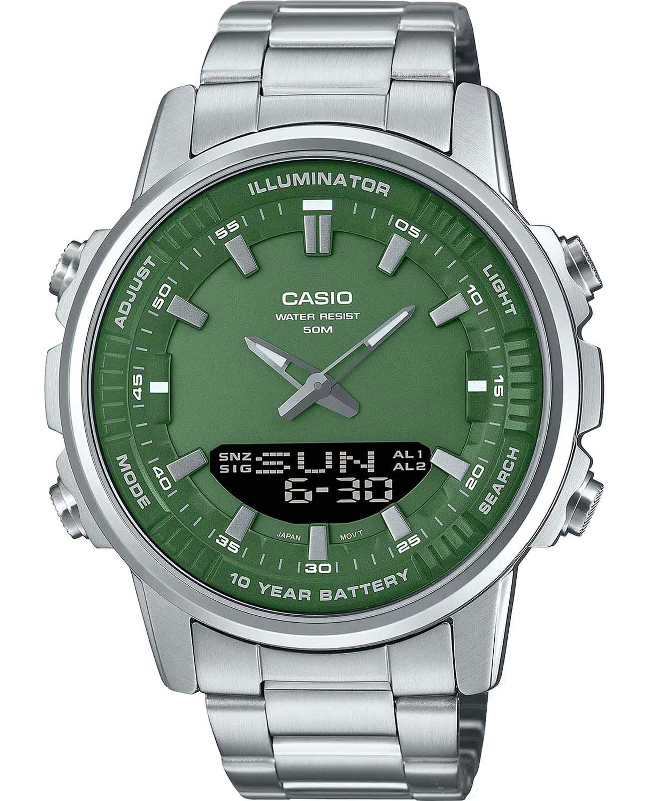 Casio Casio Collection AMW-880D-3AVDF (AMW-880D-3A)  AMW-880D-3A кварцевые мужские часы зеленый циферблат, браслет нержавеющая сталь — вид спереди