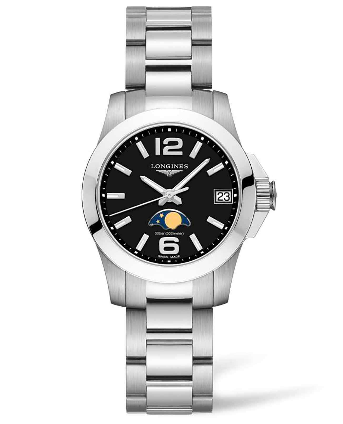 Longines Longines Conquest L3.380.4.58.6  L33804586 кварцевые женские часы черный циферблат, браслет нержавеющая сталь — вид спереди