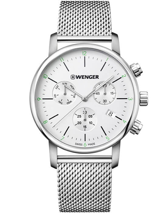 Wenger 01.1743.106  01.1743.106 кварцевые мужские часы белый циферблат, браслет нержавеющая сталь — вид спереди