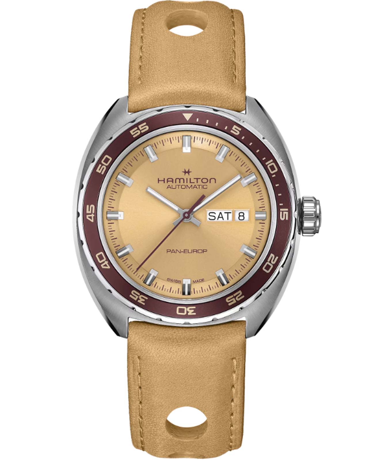 Hamilton Hamilton American Classic Pan Europ Day Date Auto H35435820  H35435820 механические мужские часы бежевый циферблат, браслет кожаный — вид спереди