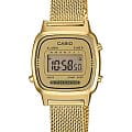 Casio Casio Collection LA670WEMY-9E Retro LA670WEMY-9E кварцевые женские часы черный циферблат, браслет 18-каратное желтое золото — вид спереди